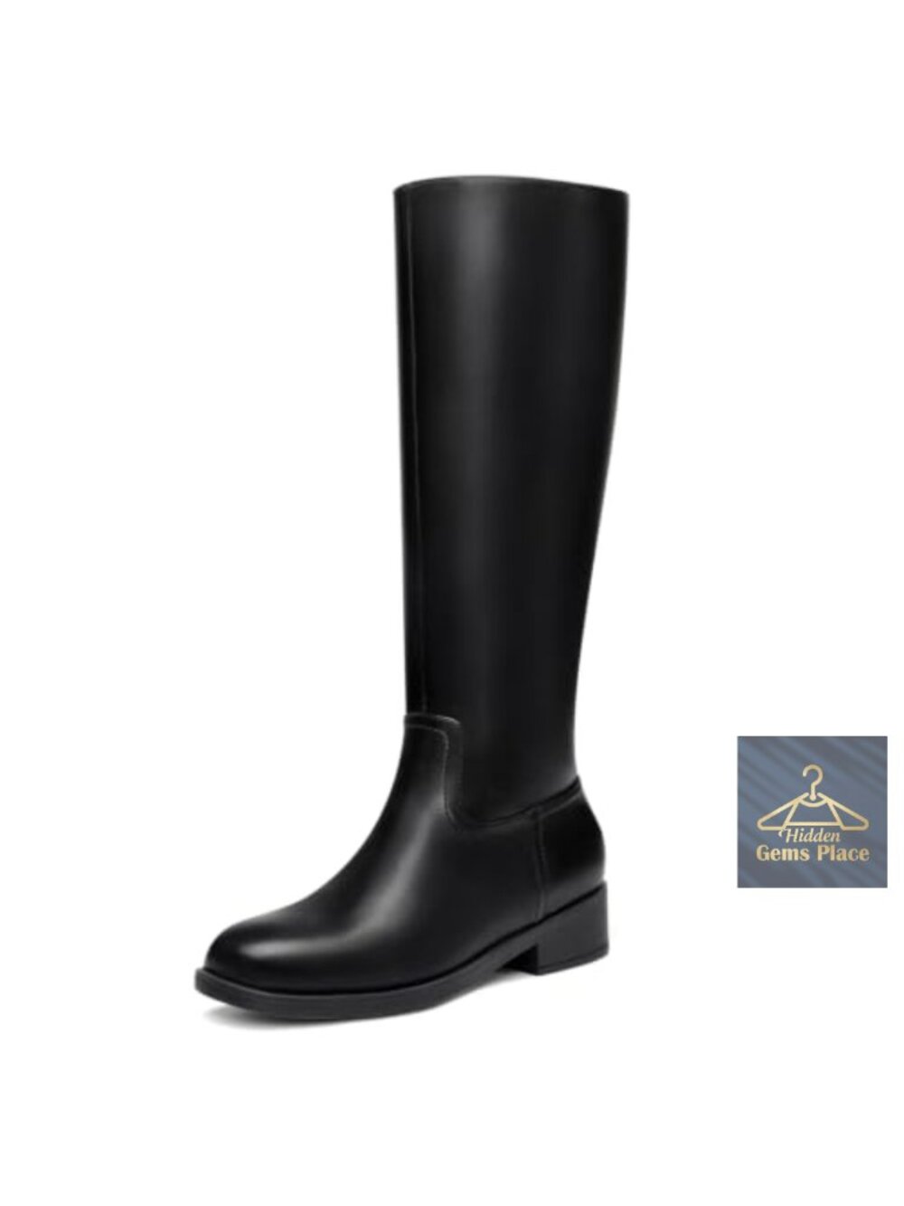Women's Knee High Flat Boots Square Toe Side Zipper Faux Leather Chunky Heel